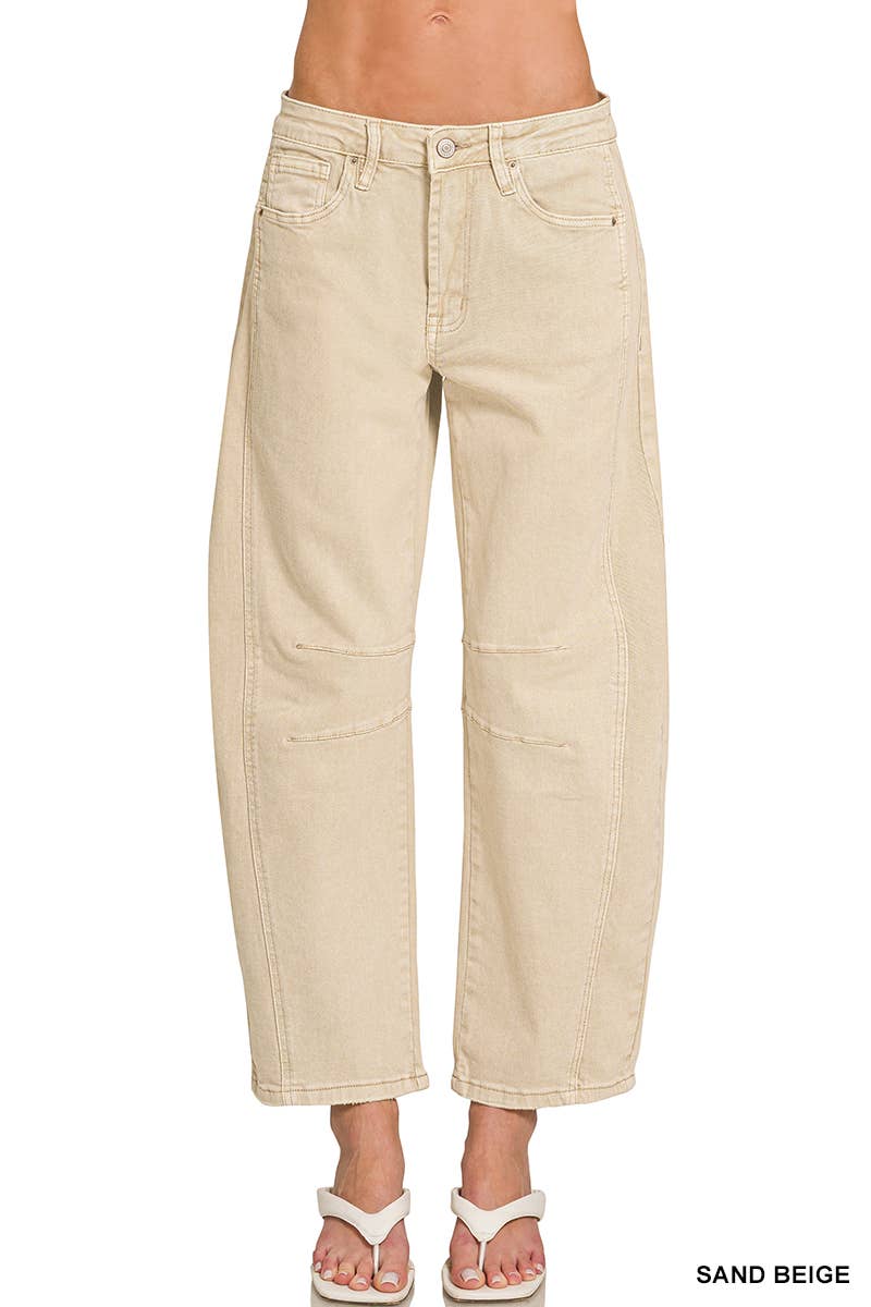 42POPS -  High Rise Barrel Leg Color Denim Pants - Zenana
