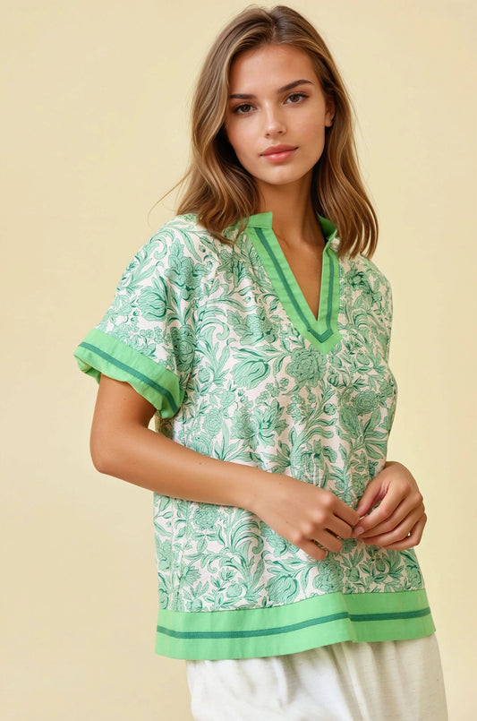 Bentley V Neck Top - Green Floral