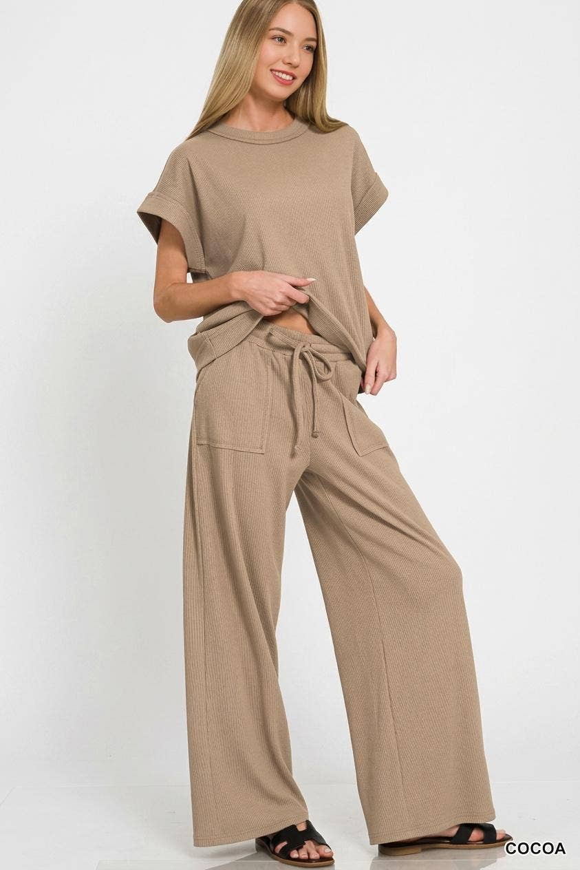 42POPS -  Ribbed Short Sleeve Tee & Pants 2PC Set - Zenana