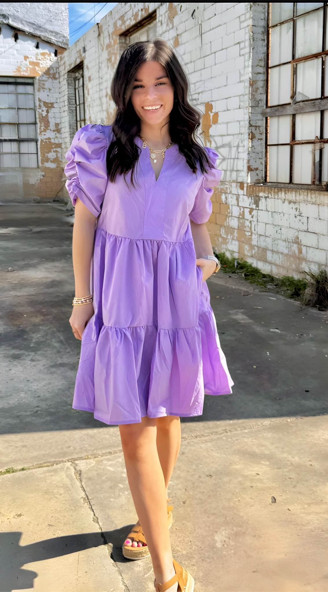 Della Tiered Dress With Puff Sleeves - Lavender