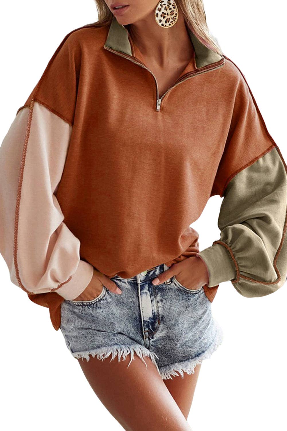 Colorblock Exposed Seam Zipped Sweatshirt