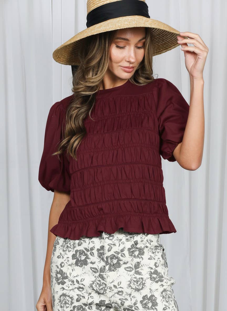 Vine & Love - Elasticized Smocked & Trim Accent 100% Cotton Top VT83194