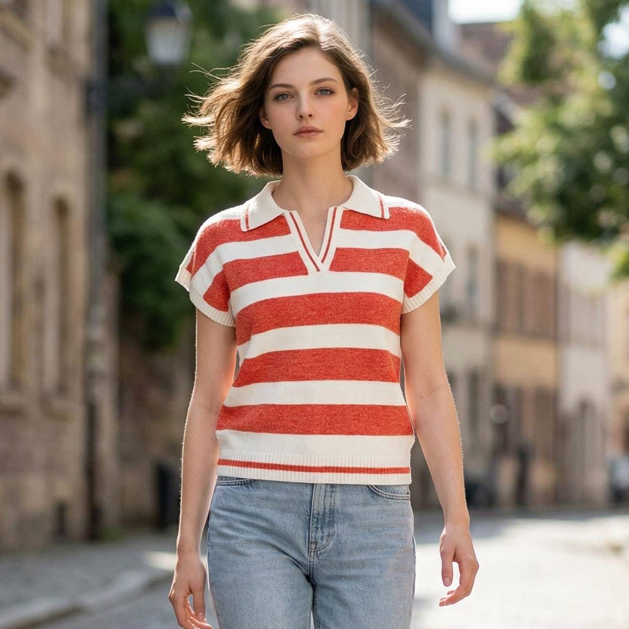 42POPS - `Striped Collared Short Sleeve Sweater  Zenana