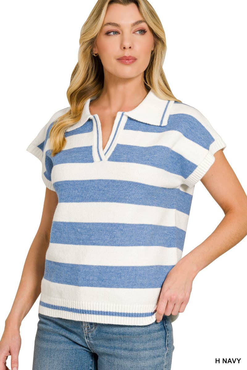 42POPS - `Striped Collared Short Sleeve Sweater  Zenana