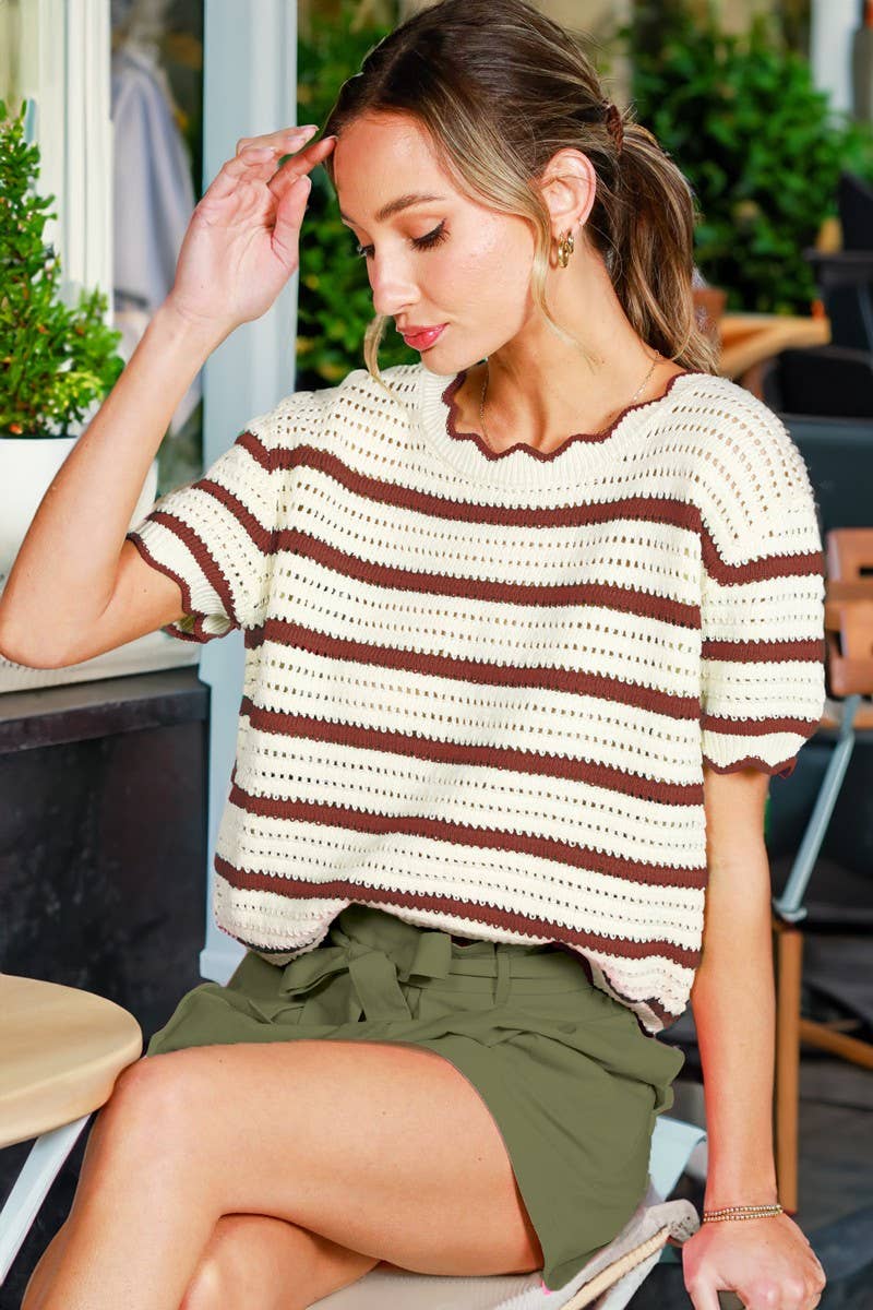Vine & Love - Scallop Edge Crew Neck Striped Crochet Sweater Top VT82239
