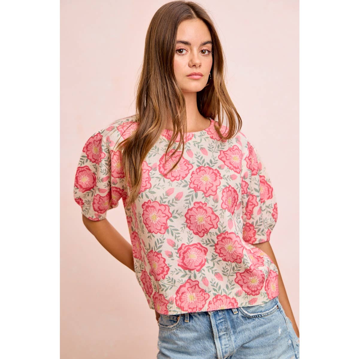 BiBi - FLOWER PRINTED PUFF SLEEVES KNIT TOP