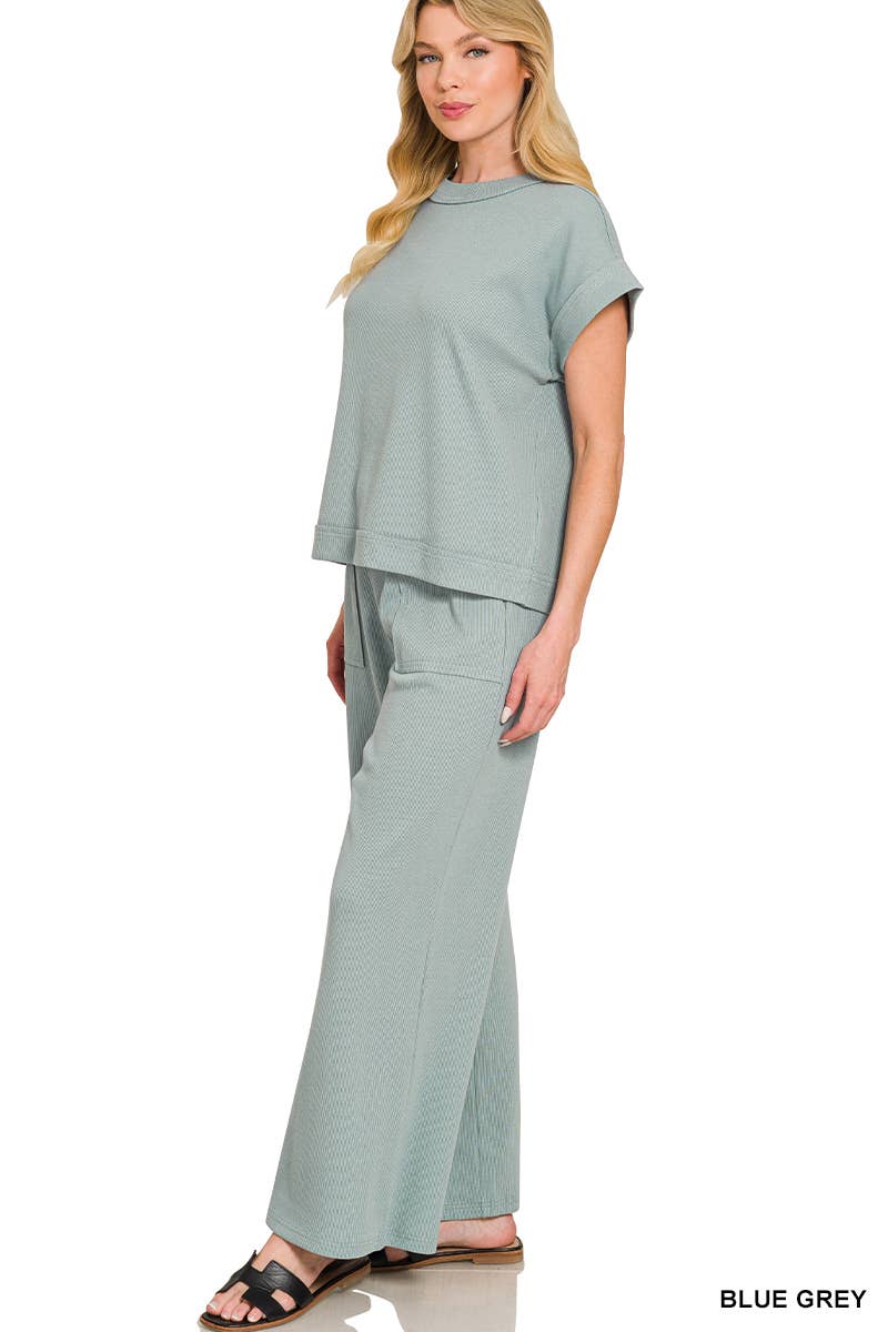 42POPS -  Ribbed Short Sleeve Tee & Pants 2PC Set - Zenana
