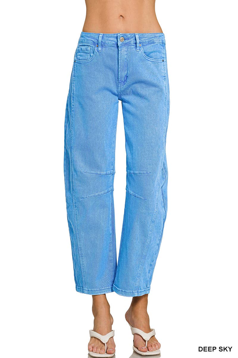 42POPS -  High Rise Barrel Leg Color Denim Pants - Zenana