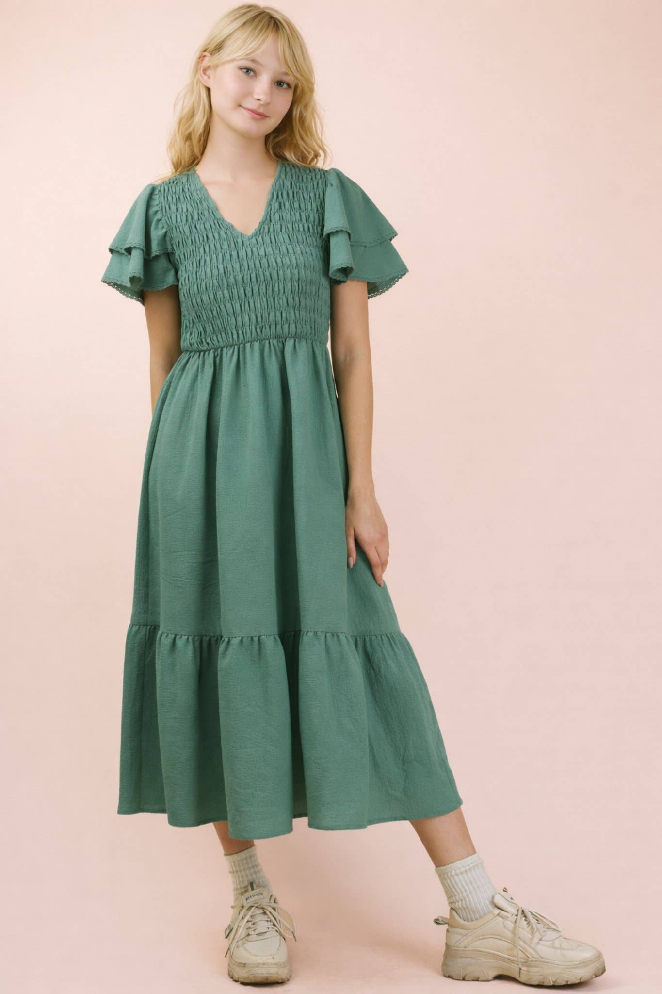 Sage Smocking Torso Ruffle Sleeve Midi Dress