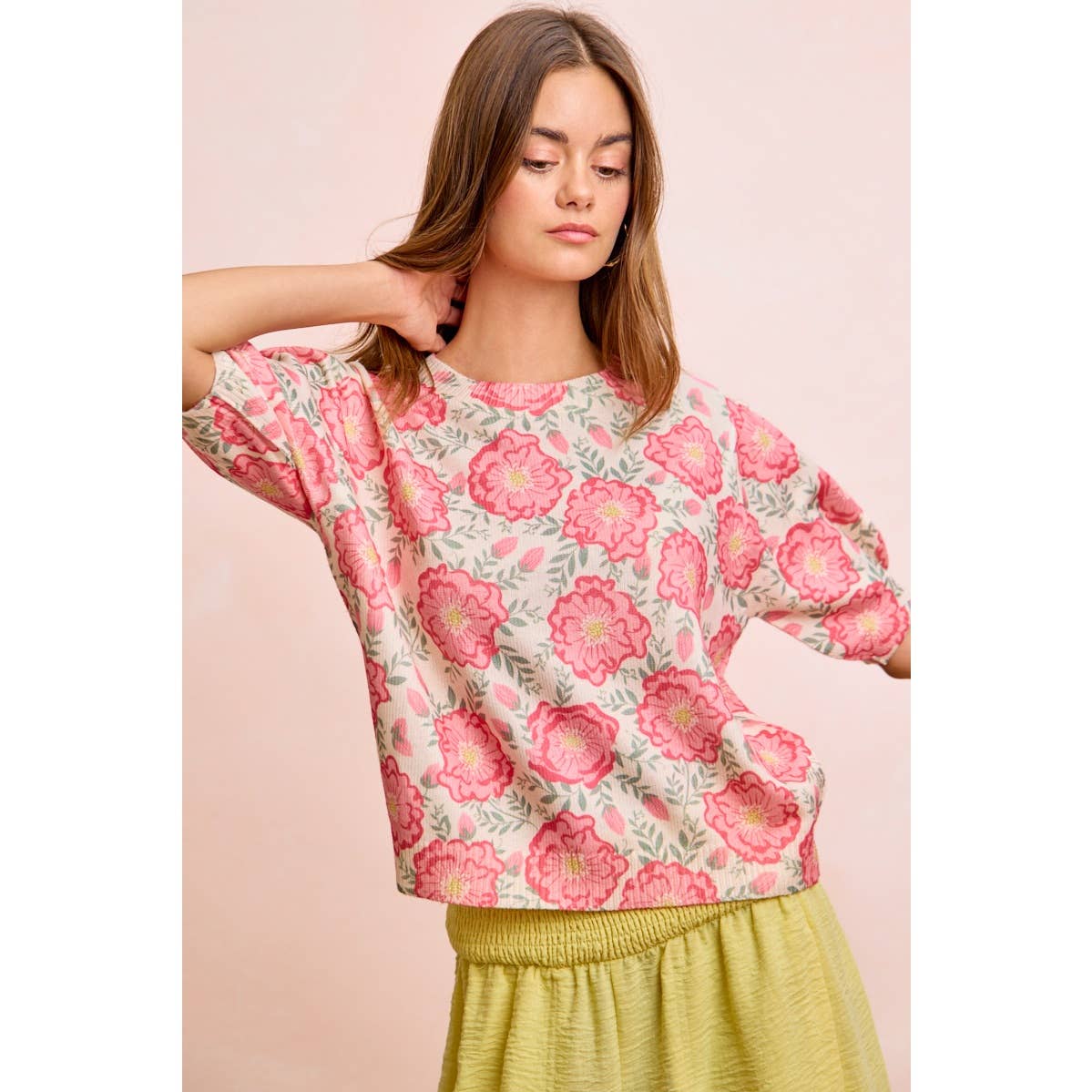 BiBi - FLOWER PRINTED PUFF SLEEVES KNIT TOP