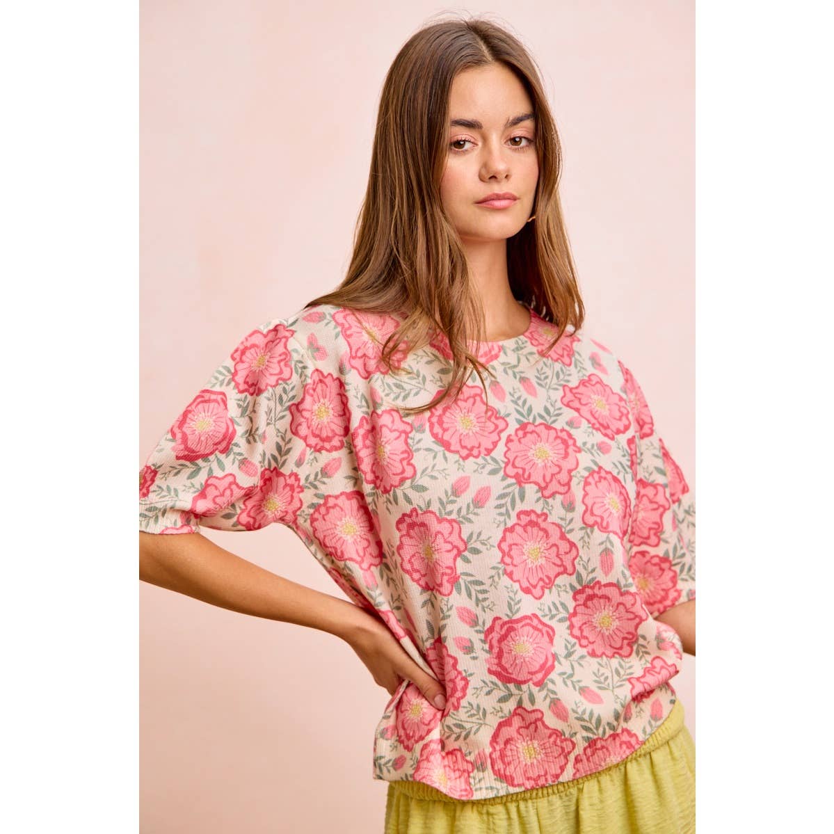 BiBi - FLOWER PRINTED PUFF SLEEVES KNIT TOP