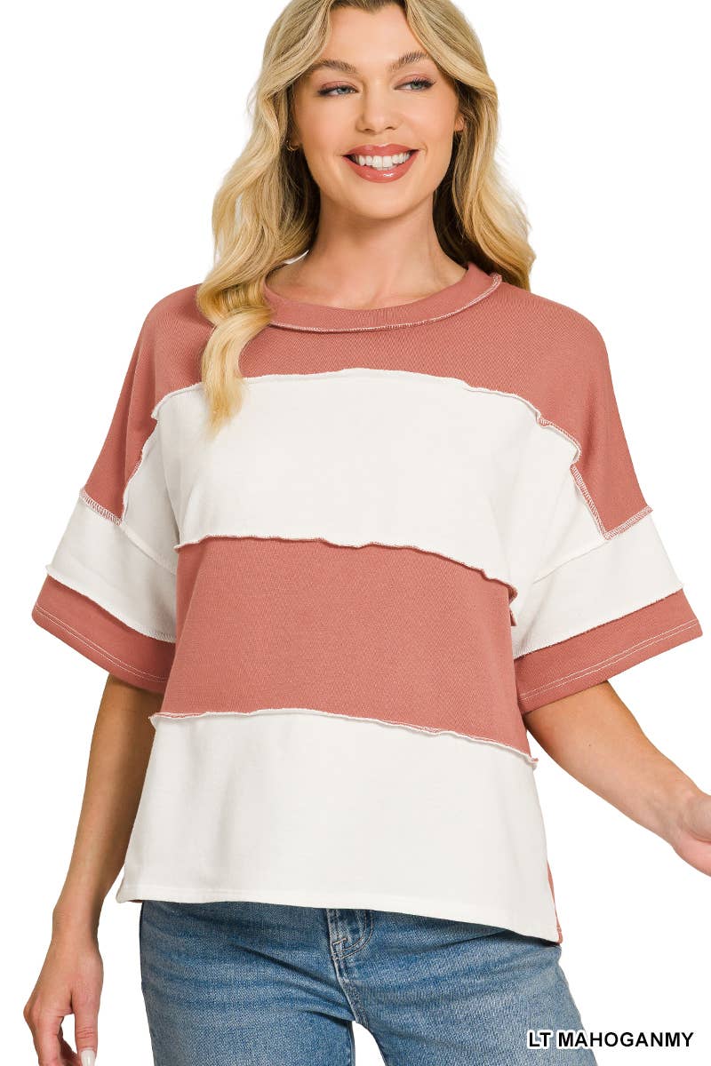 42POPS -  French Terry Color Block Exposed Seam Top - Zenana
