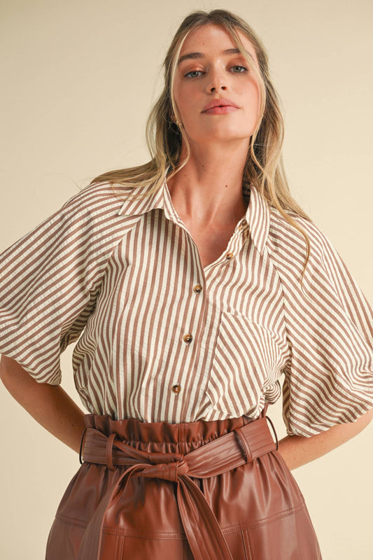Fall nights and you bubble sleeve top - pecan stripe