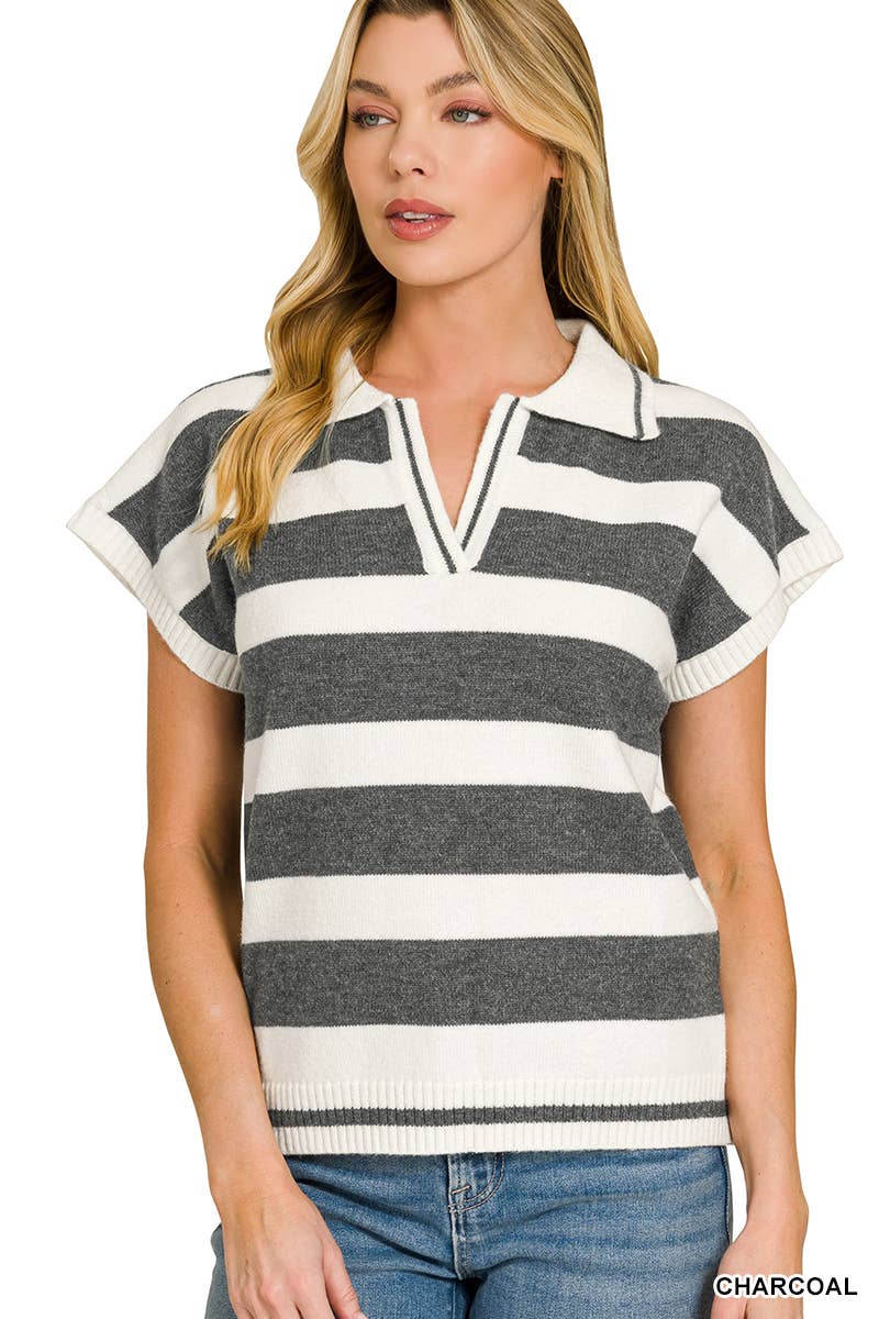 42POPS - `Striped Collared Short Sleeve Sweater  Zenana
