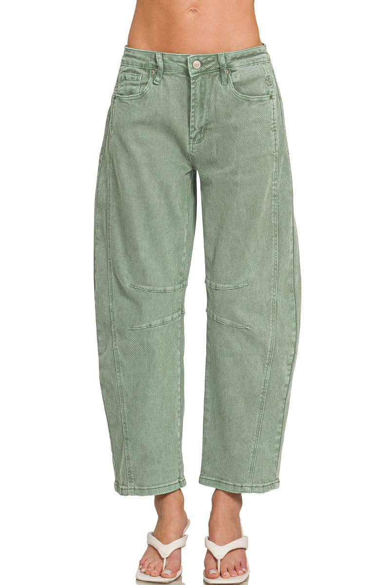 42POPS -  High Rise Barrel Leg Color Denim Pants - Zenana