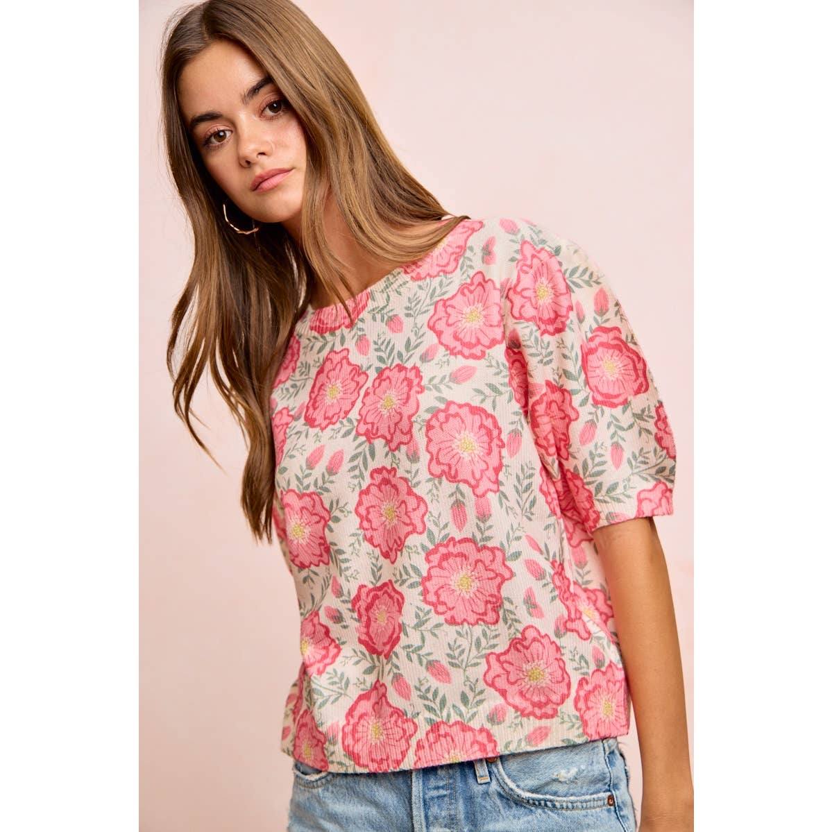 BiBi - FLOWER PRINTED PUFF SLEEVES KNIT TOP