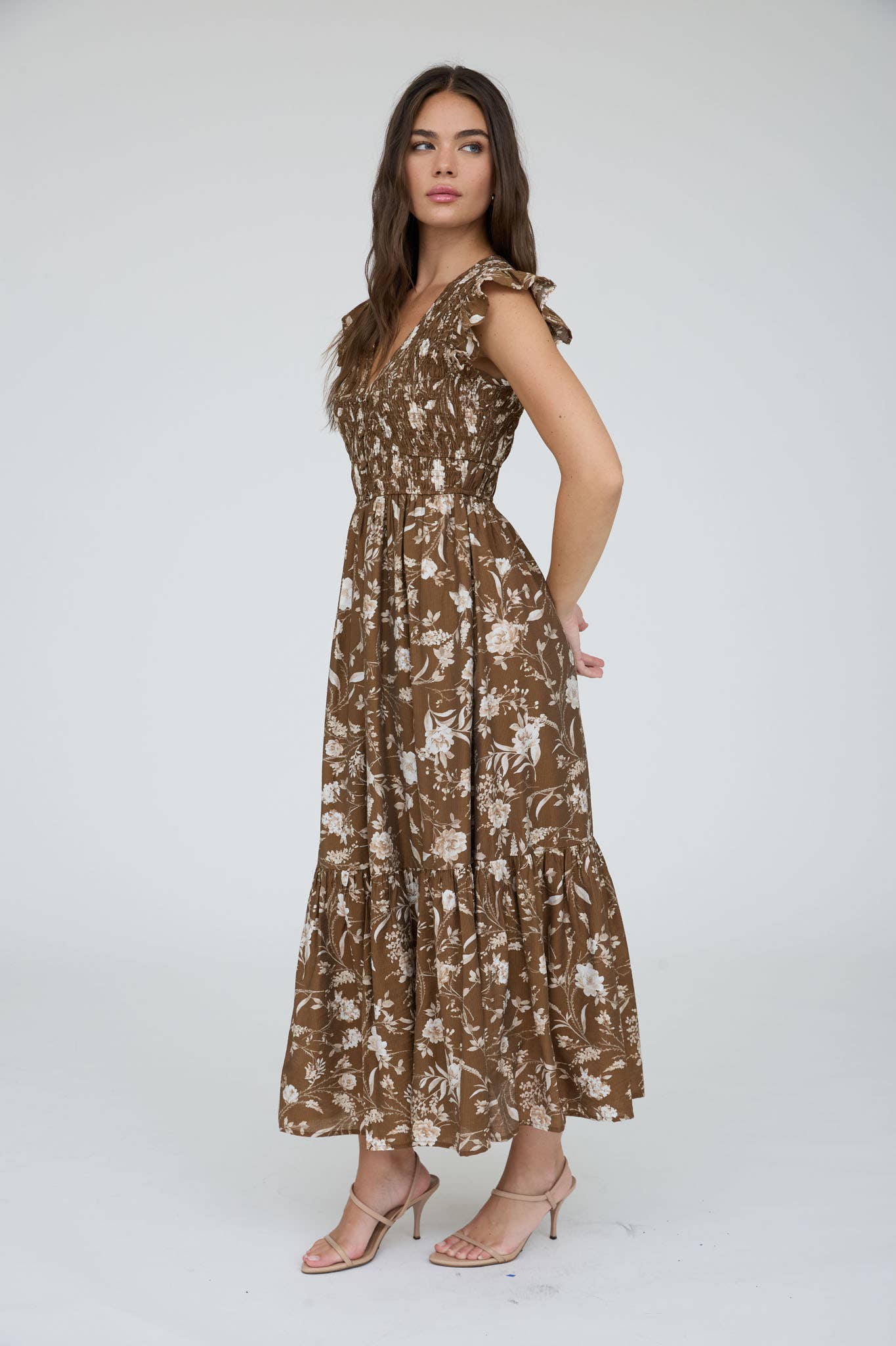 MINE - FLORAL SMOCKED V NECK BUTTON DOWN MIDI DRESS