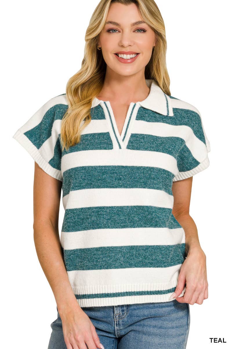 42POPS - `Striped Collared Short Sleeve Sweater  Zenana