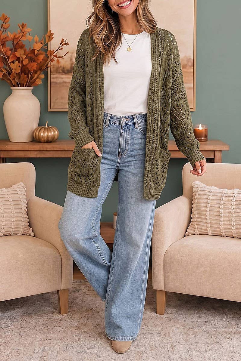 ROUSSEAU - Olive Open Knit Oversized Cardigan