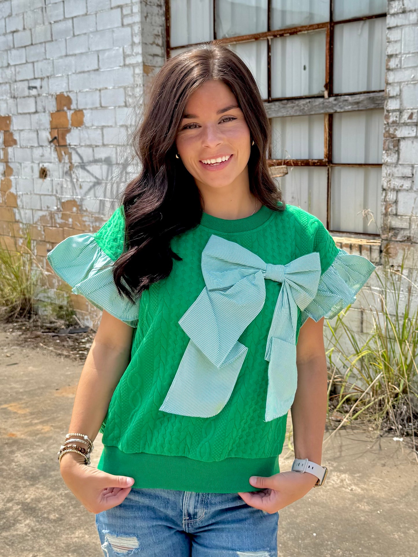 Double Take Stripe Capped Ruffle Sleeve And Bow Cable Knit Top
