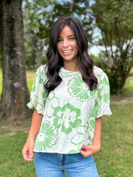 Love Olive You Abstract Floral Printed Top with Puffed Sleeves Detail