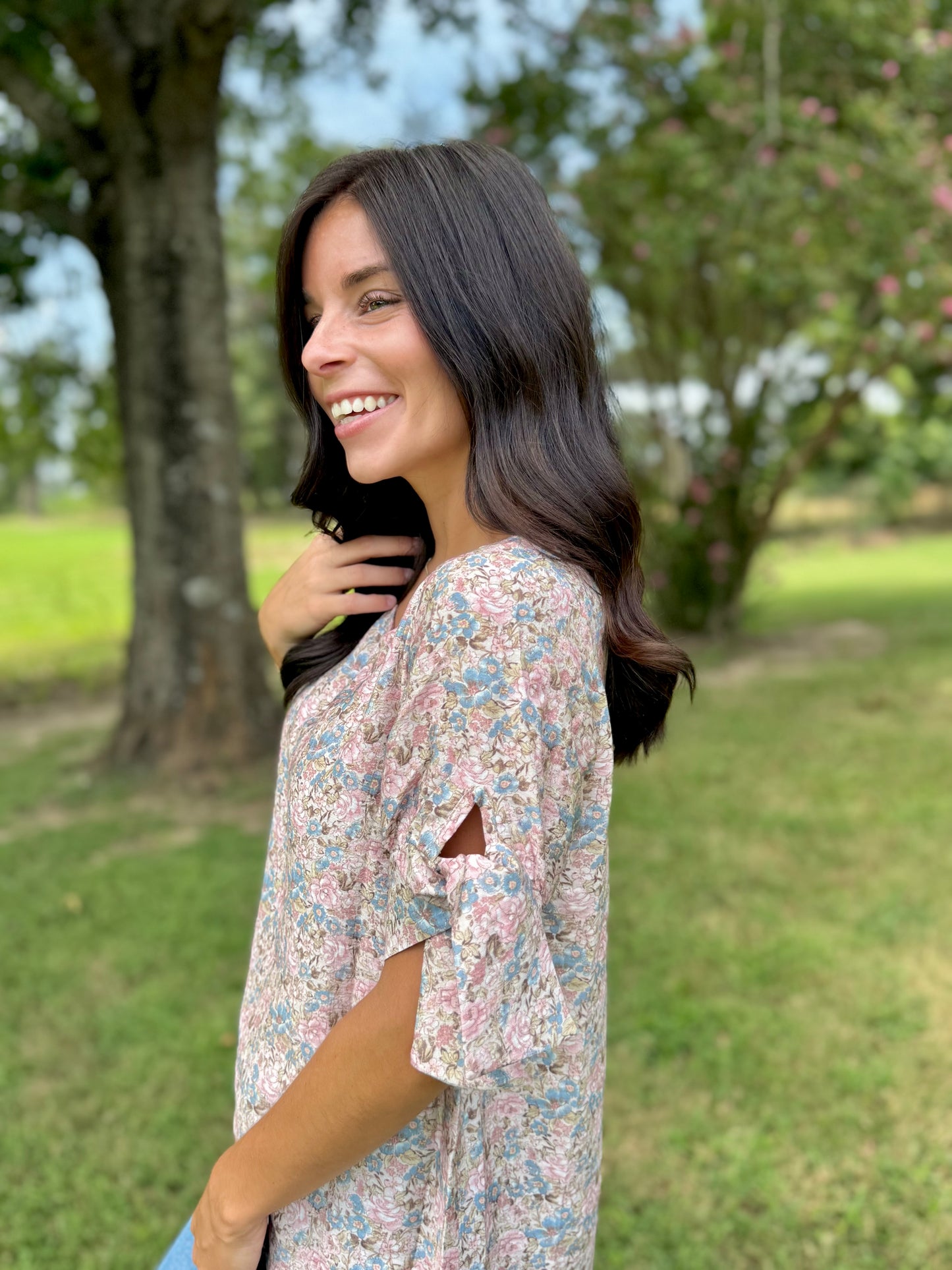 Katy Floral Print Top with Sleeve Tie Detail