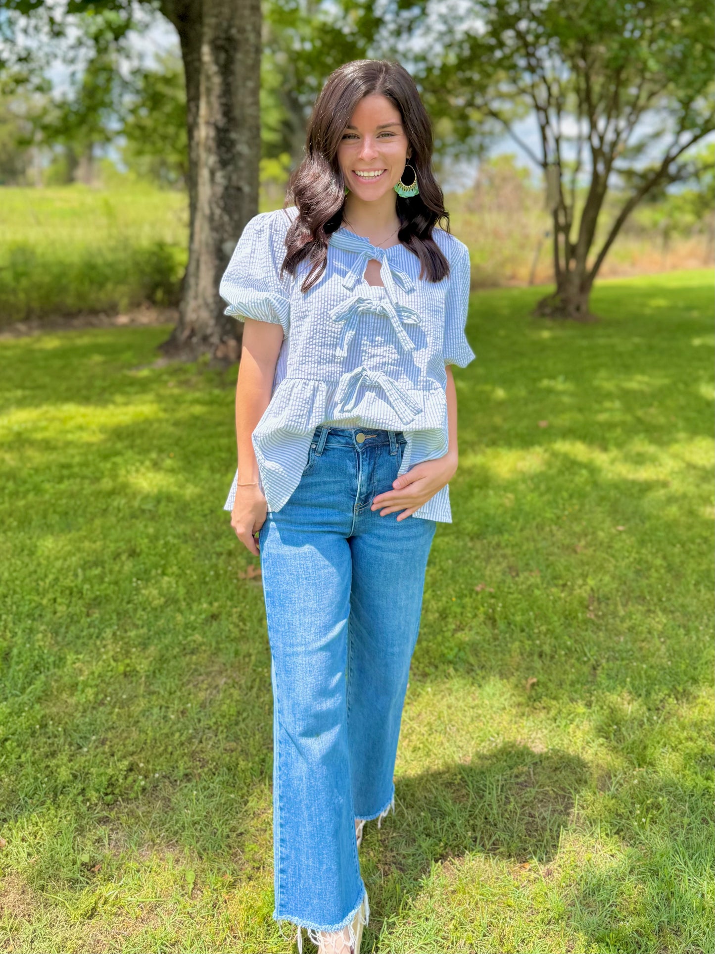 Phoebes pin stripe puff sleeves top with tie bow - Sage