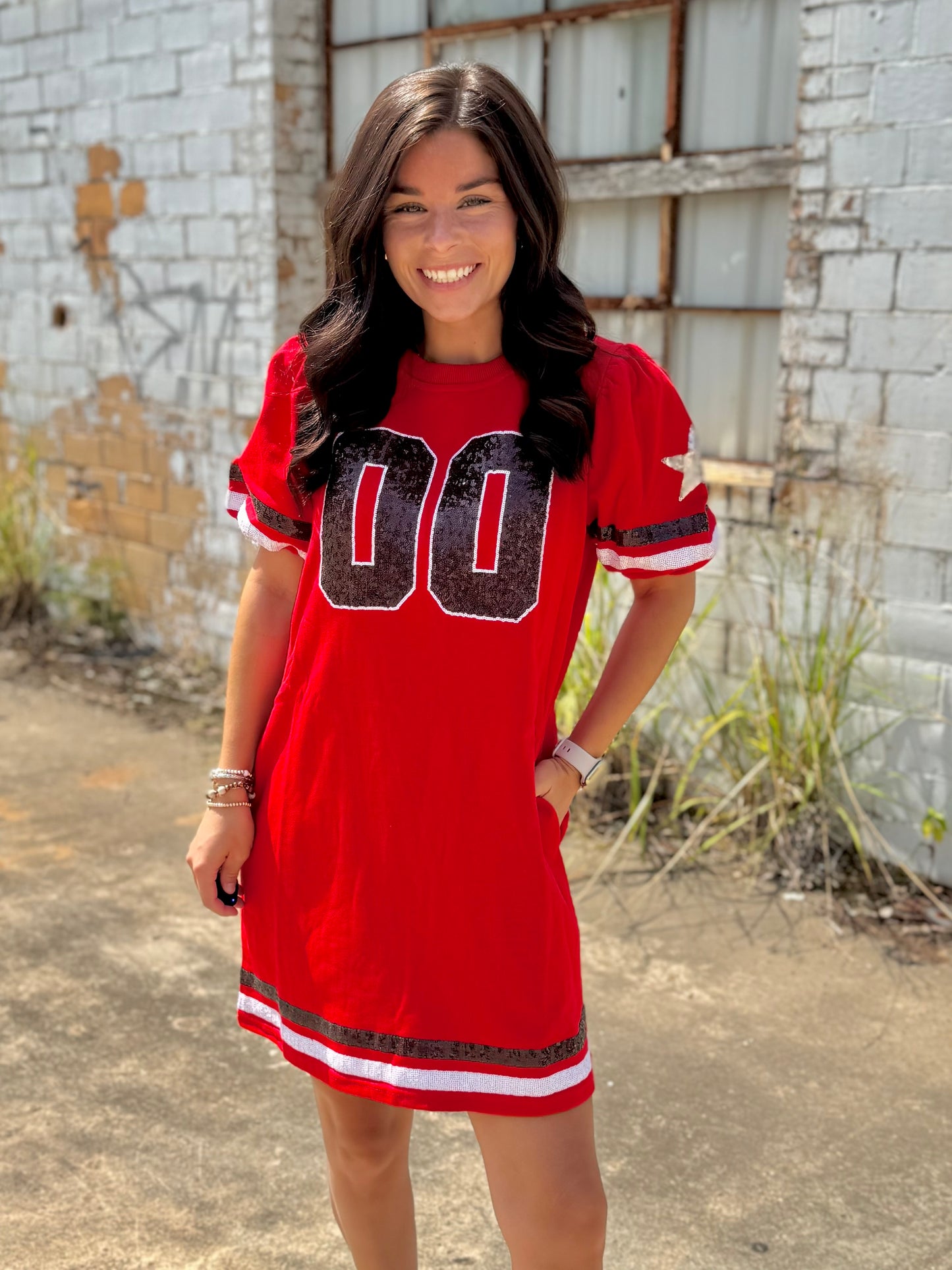 Game Day Sequin Trim Dress - Red