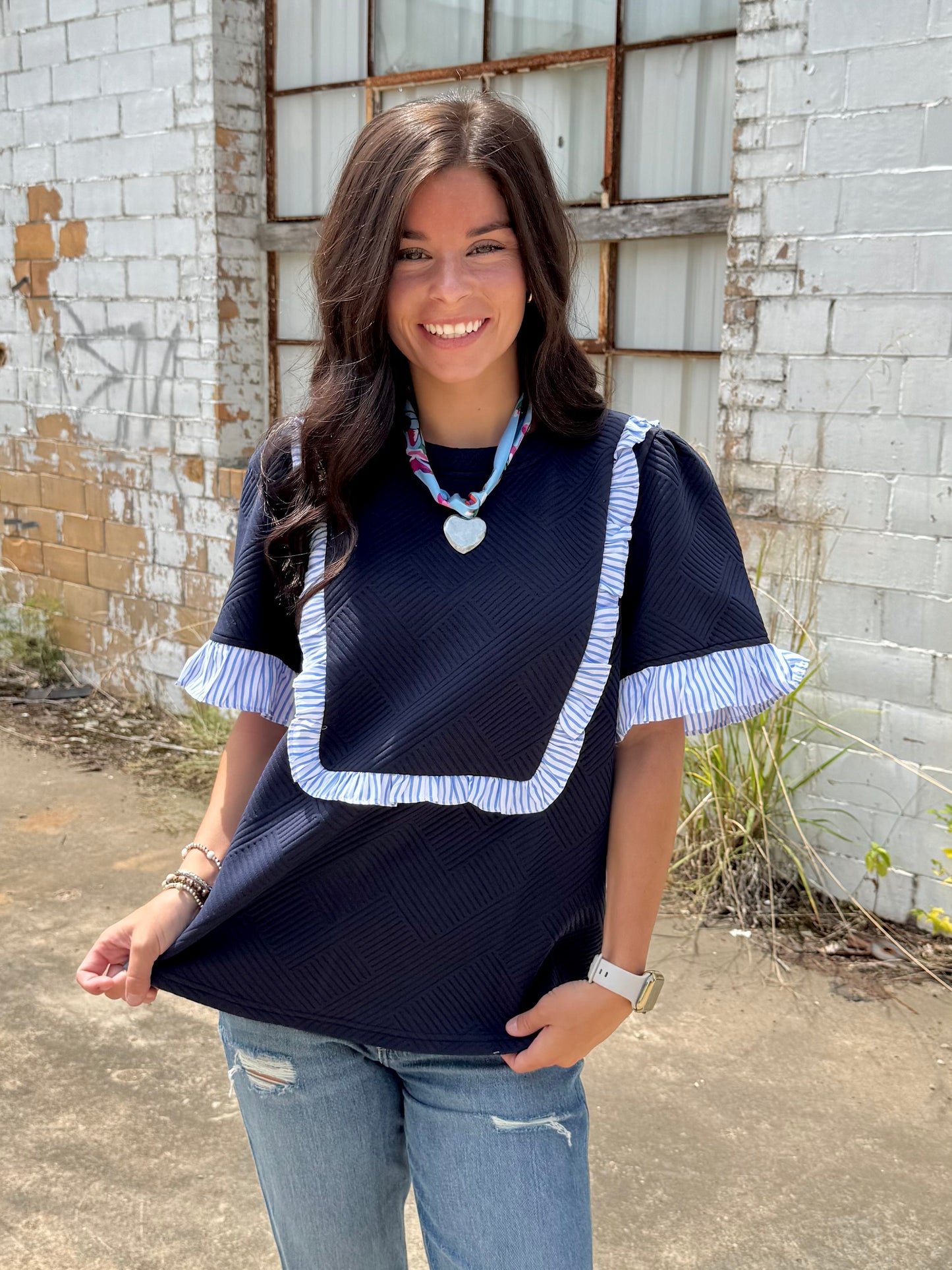 Camille Striped Ruffle Detail Quilted Knit Top - Navy
