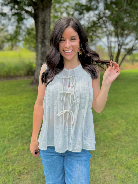 Center of Attention Tie Front Top - White