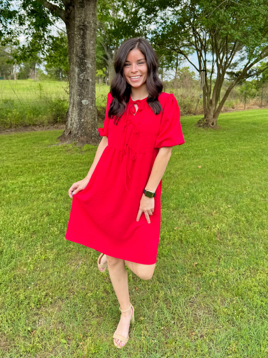 Feminine Front Tie Dress - Red