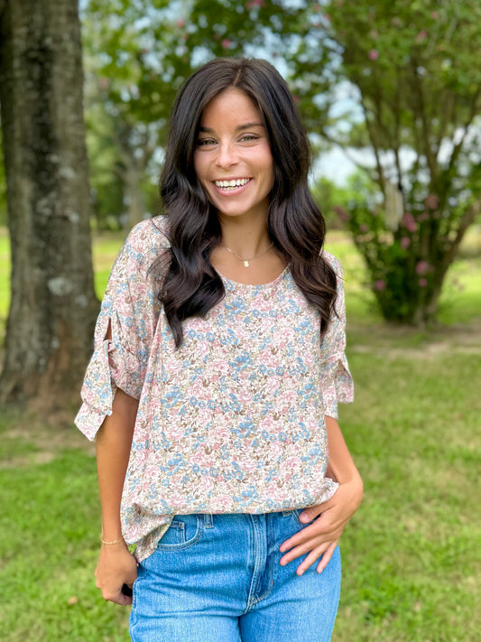 Katy Floral Print Top with Sleeve Tie Detail