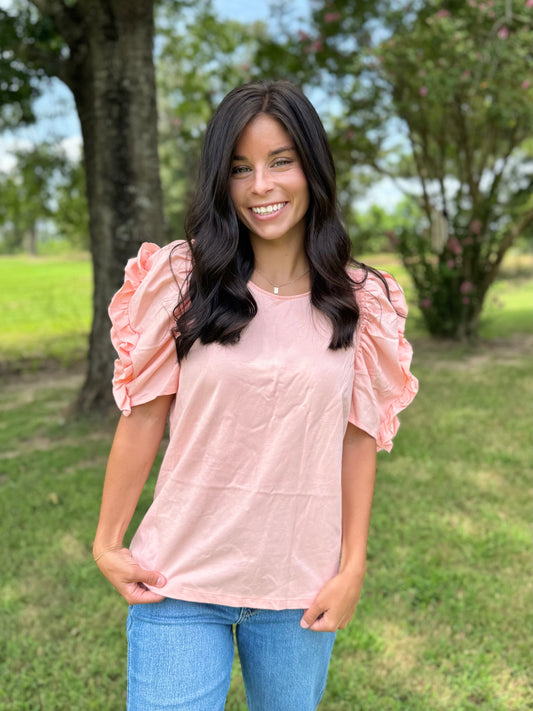 Flutter me Puff Sleeve Ruffle Detail Top - Peach