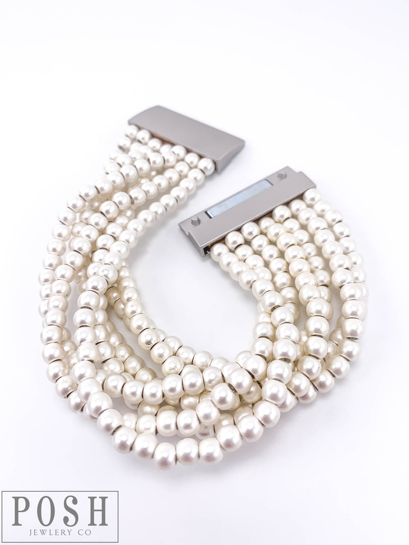 Silver 7-strand matte bead magnectic clasp bracelet
