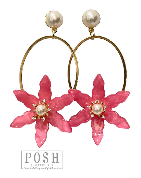 Fuchsia acrylic flower with pearls and gold oval post earring