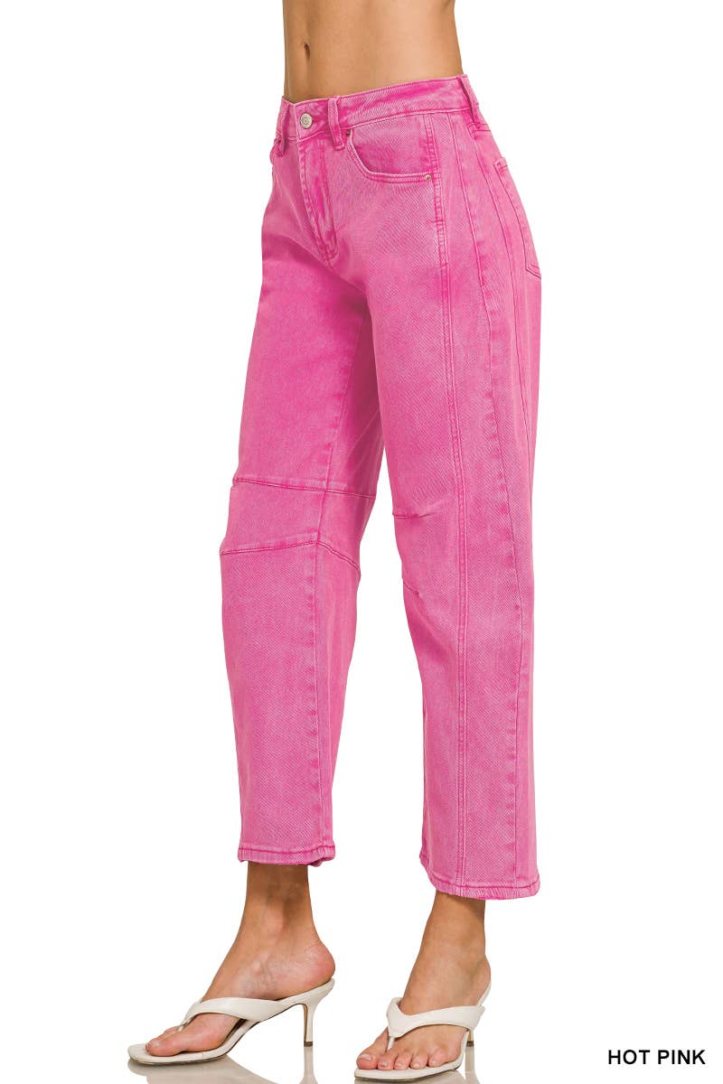 42POPS -  High Rise Barrel Leg Color Denim Pants - Zenana