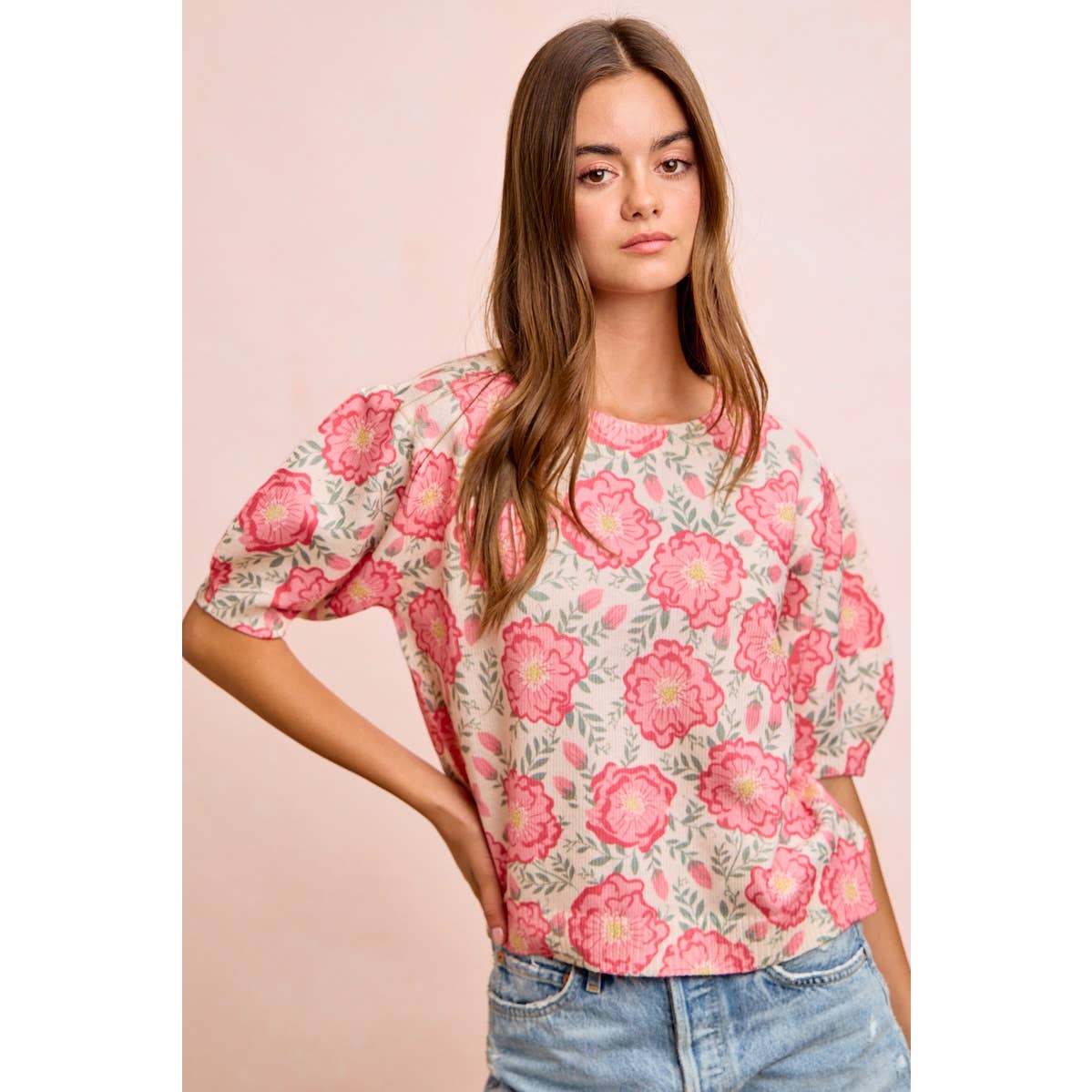 BiBi - FLOWER PRINTED PUFF SLEEVES KNIT TOP