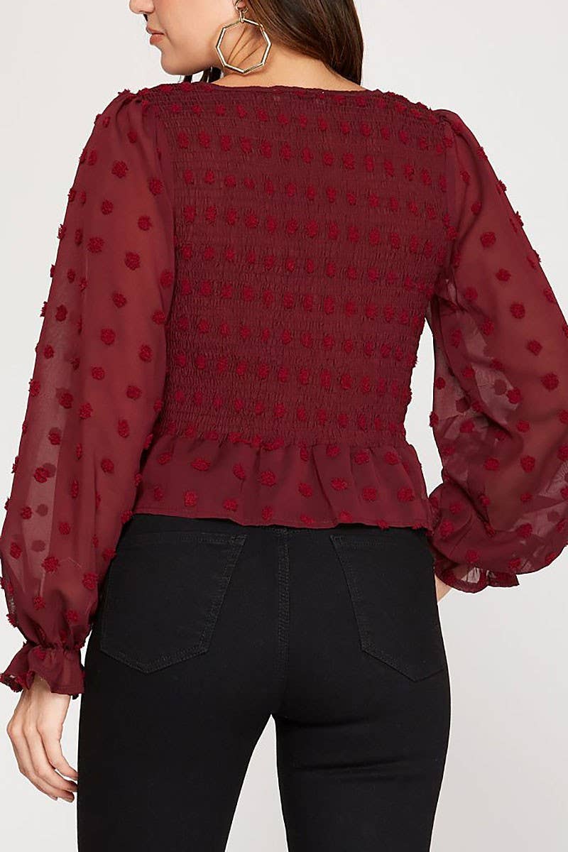 CONNECTING DOTS LONG SLEEVES DRAWSTRING FRONT WOVEN TOP - WINE