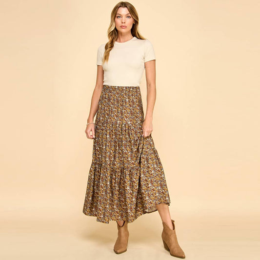 The Boho Side Of Me Brown Floral Tiered Maxi Skirt