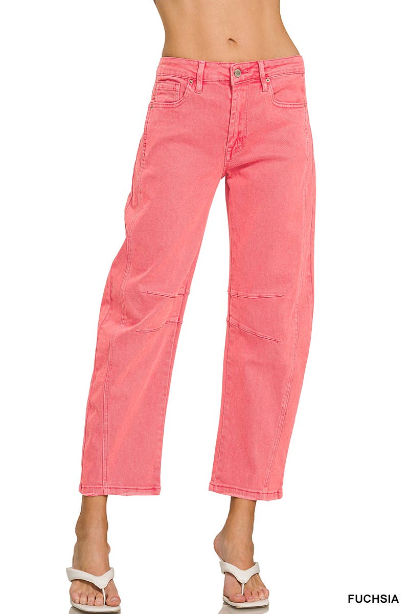 42POPS -  High Rise Barrel Leg Color Denim Pants - Zenana