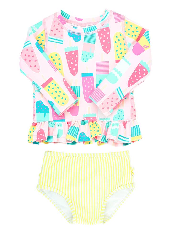 Girls Ice Cream Social Long Sleeve Ruffle Hem Rash Guard Bikini- Rufflebutts brand