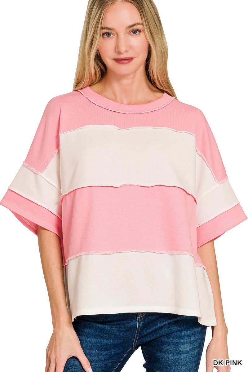42POPS -  French Terry Color Block Exposed Seam Top - Zenana