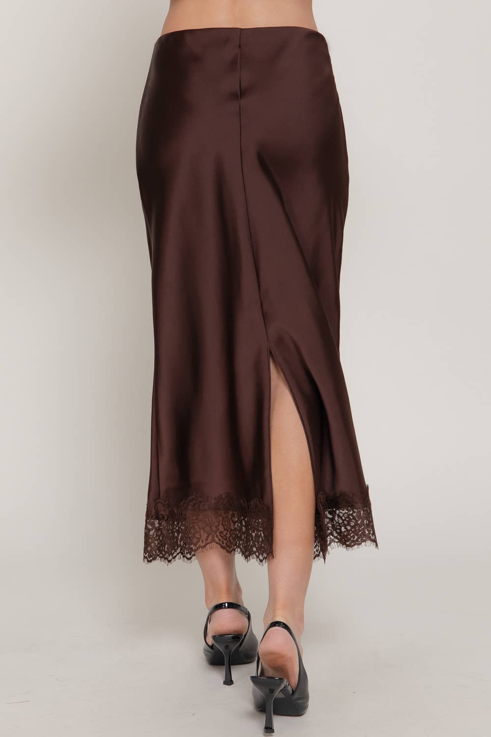 42POPS -  Mid-rise Lace Trim Satin Midi Skirt