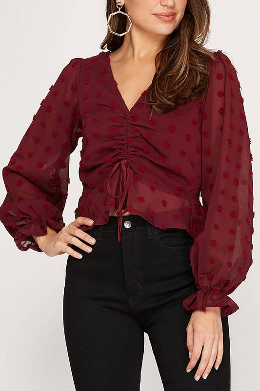 CONNECTING DOTS LONG SLEEVES DRAWSTRING FRONT WOVEN TOP - WINE