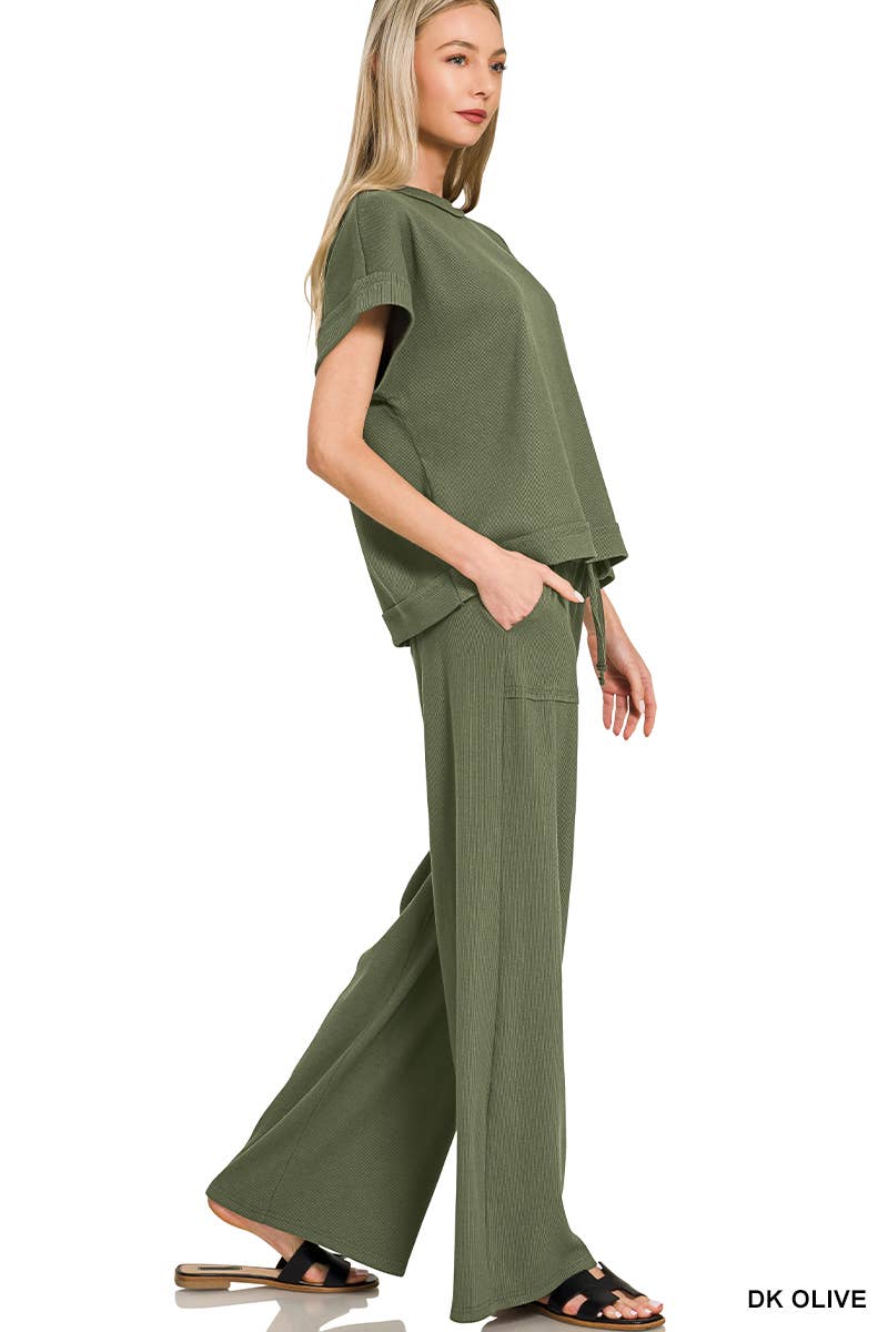 42POPS -  Ribbed Short Sleeve Tee & Pants 2PC Set - Zenana