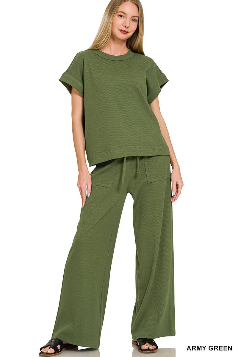 42POPS -  Ribbed Short Sleeve Tee & Pants 2PC Set - Zenana