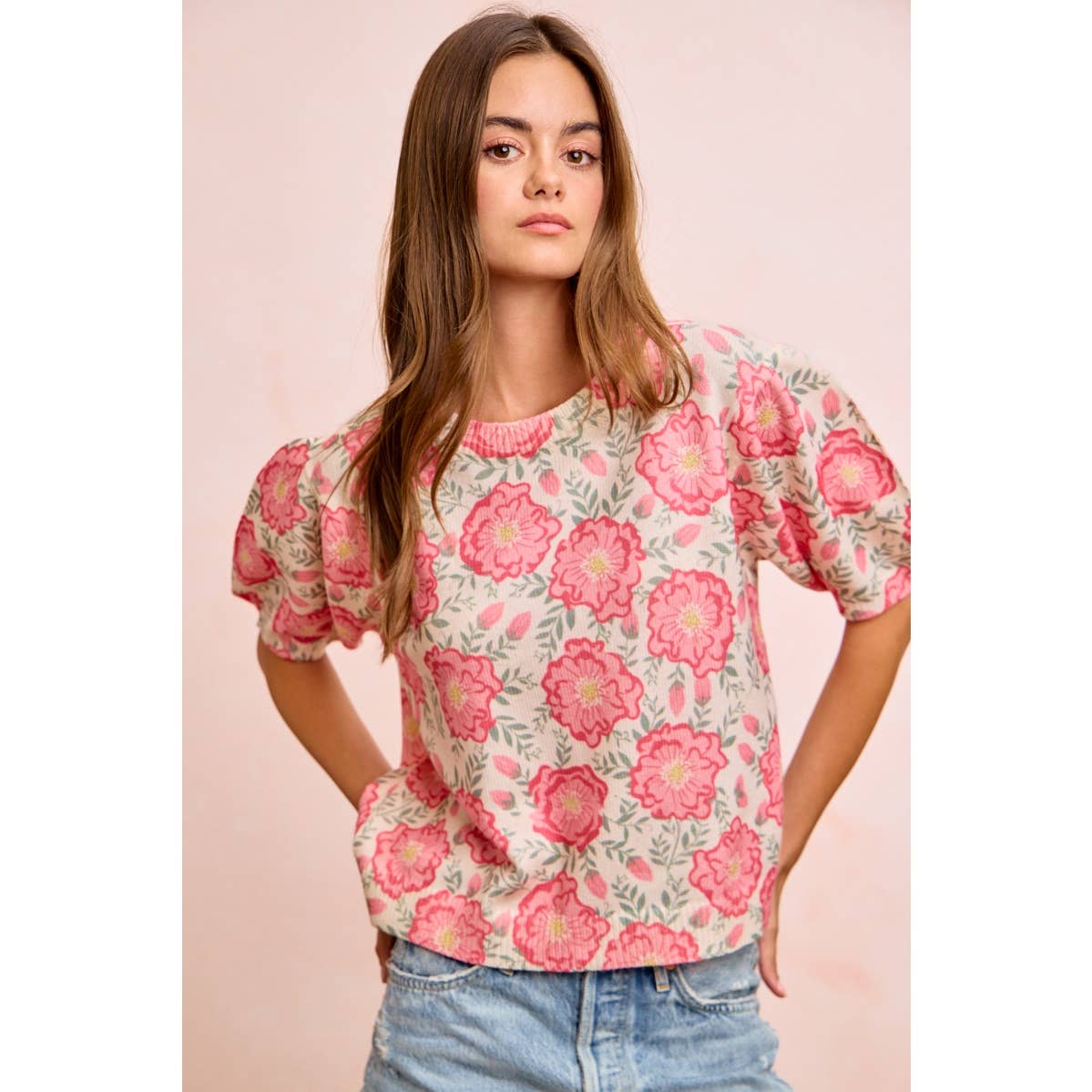 BiBi - FLOWER PRINTED PUFF SLEEVES KNIT TOP