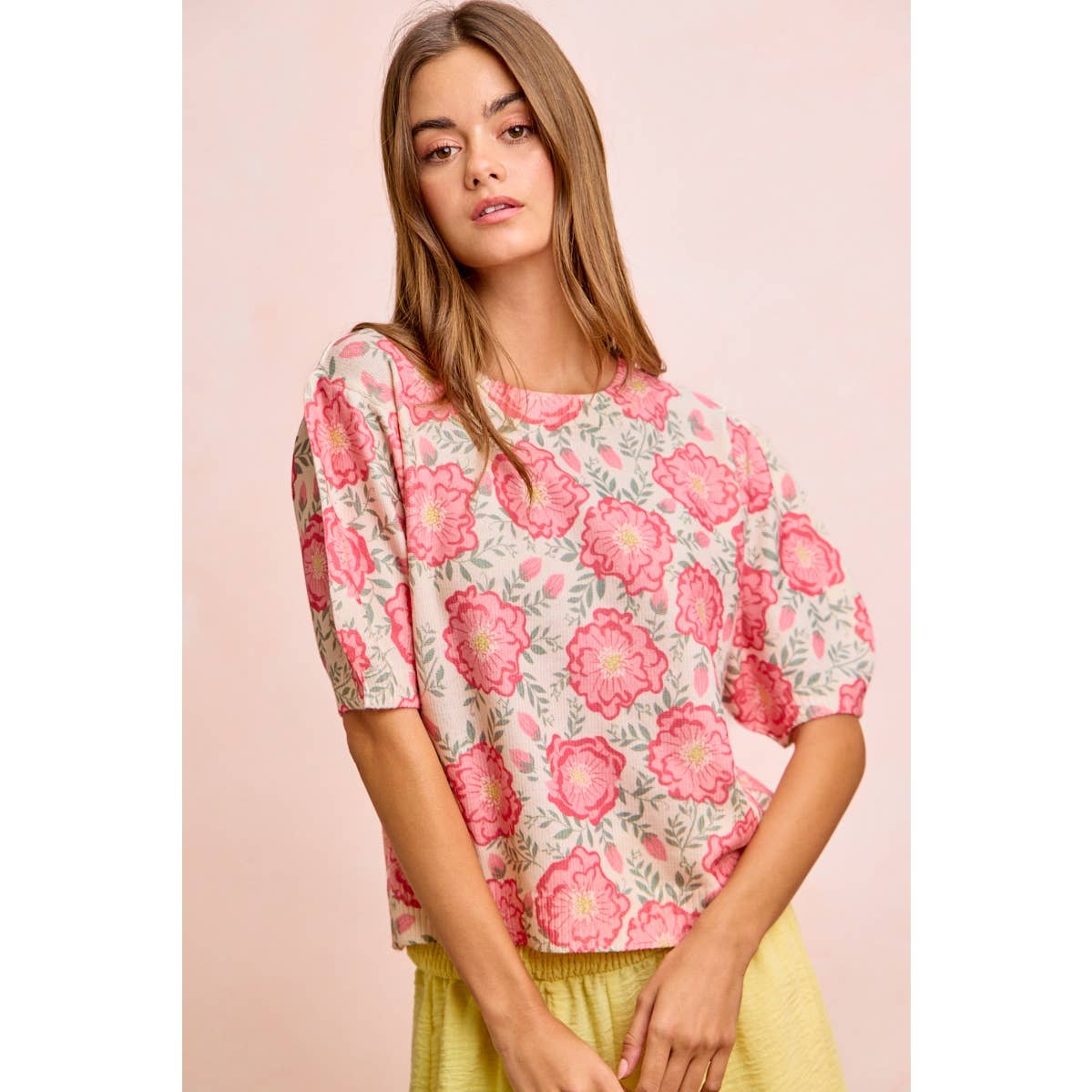 BiBi - FLOWER PRINTED PUFF SLEEVES KNIT TOP