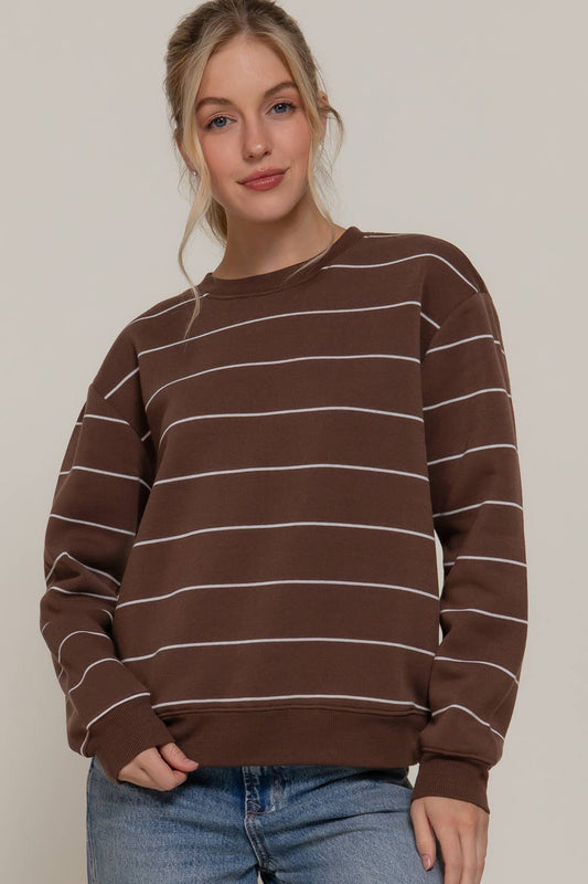 Fall Moves Long Sleeve Engineer Stripe Inner Fleece Sweatshirt - Brown