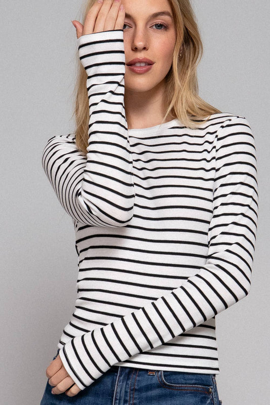Take me Home Long Sleeve Crew Neck Stripe Knit Top - white/black
